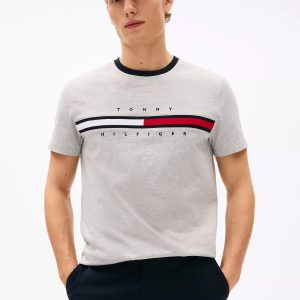 Embroidered Flag Stripe Logo T-Shirt-Grey Heather