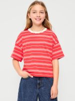 Oversized Short-Sleeve Cropped T-Shirt for Girls-Red Stripes