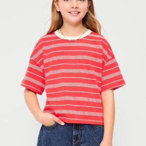 Oversized Short-Sleeve Cropped T-Shirt for Girls-Red Stripes