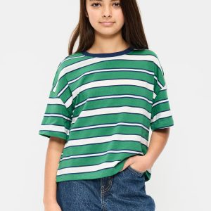 Oversized Short-Sleeve Cropped T-Shirt for Girls-Green Stripe