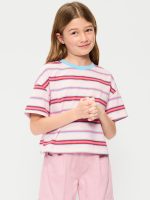 Oversized Short-Sleeve Cropped T-Shirt for Girls-Pink Stripe
