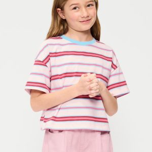 Oversized Short-Sleeve Cropped T-Shirt for Girls-Pink Stripe