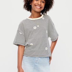 Oversized Short-Sleeve Cropped T-Shirt for Girls-White Daisy