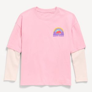 Oversized Long-Sleeve 2-In-1 Graphic T-Shirt for Girls-Fairytale Rose