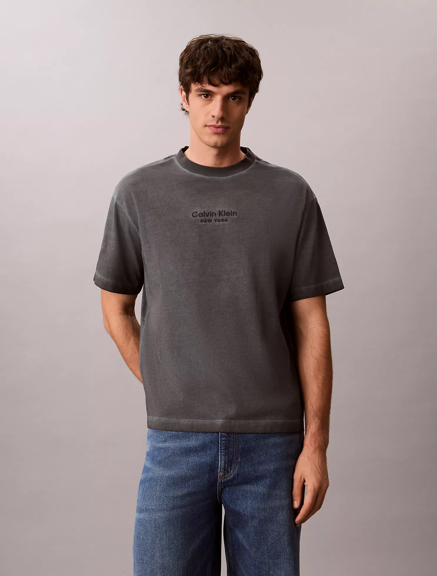 Faded Dye Logo Graphic Classic Crewneck T-Shirt-Windward Blue