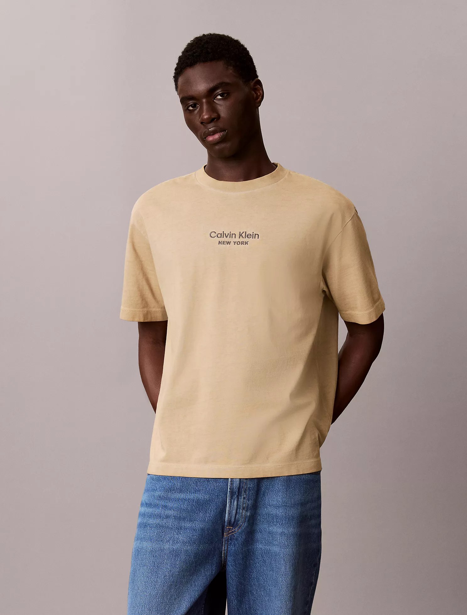 Faded Dye Logo Graphic Classic Crewneck T-Shirt-White Pepper