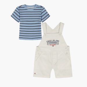 Stripe T-Shirt & Shortalls Set-White