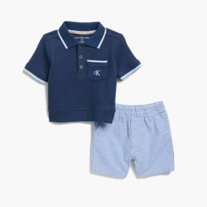 Tipped Polo & Shorts Set-Blue Multi