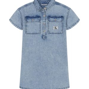 Girls Monologo Patch Short Sleeve Denim Dress-Blue