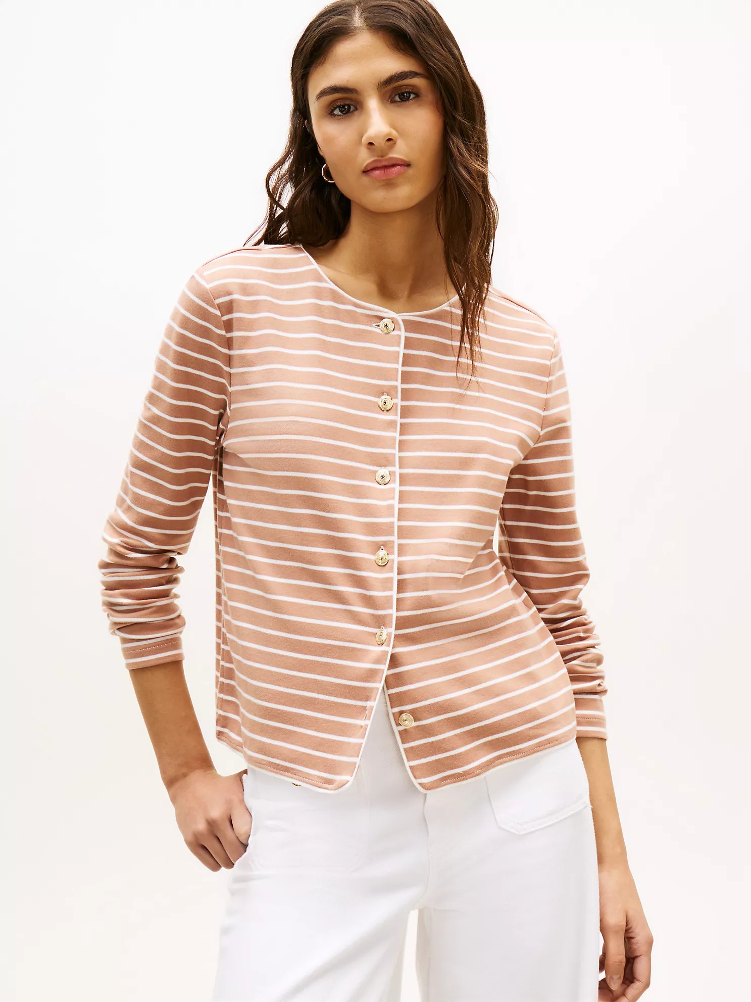 Stripe Cotton Interlock Cardigan T-Shirt-Tawny Rose Ivory Silk Stripe