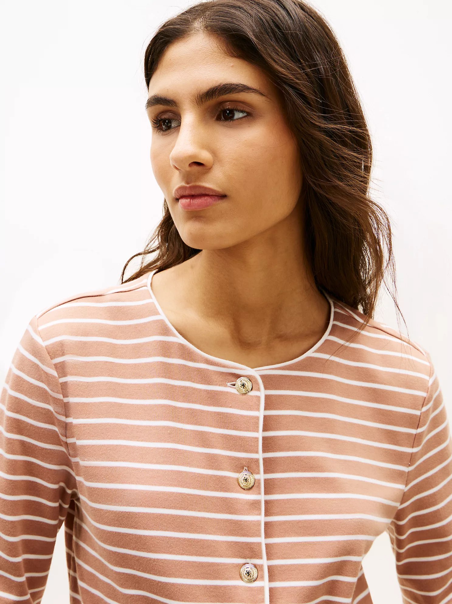 Stripe Cotton Interlock Cardigan T-Shirt-Tawny Rose Ivory Silk Stripe - Image 2