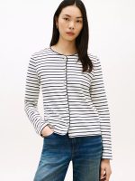 Stripe Cotton Interlock Cardigan T-Shirt-Ivory Silk / Navy Stripe