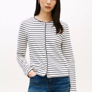 Stripe Cotton Interlock Cardigan T-Shirt-Ivory Silk / Navy Stripe