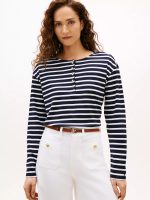 Relaxed Fit Cotton Interlock Henley-Navy / Optic White Stripe
