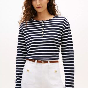 Relaxed Fit Cotton Interlock Henley-Navy / Optic White Stripe