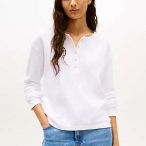 Relaxed Fit Cotton Interlock Henley-Optic White