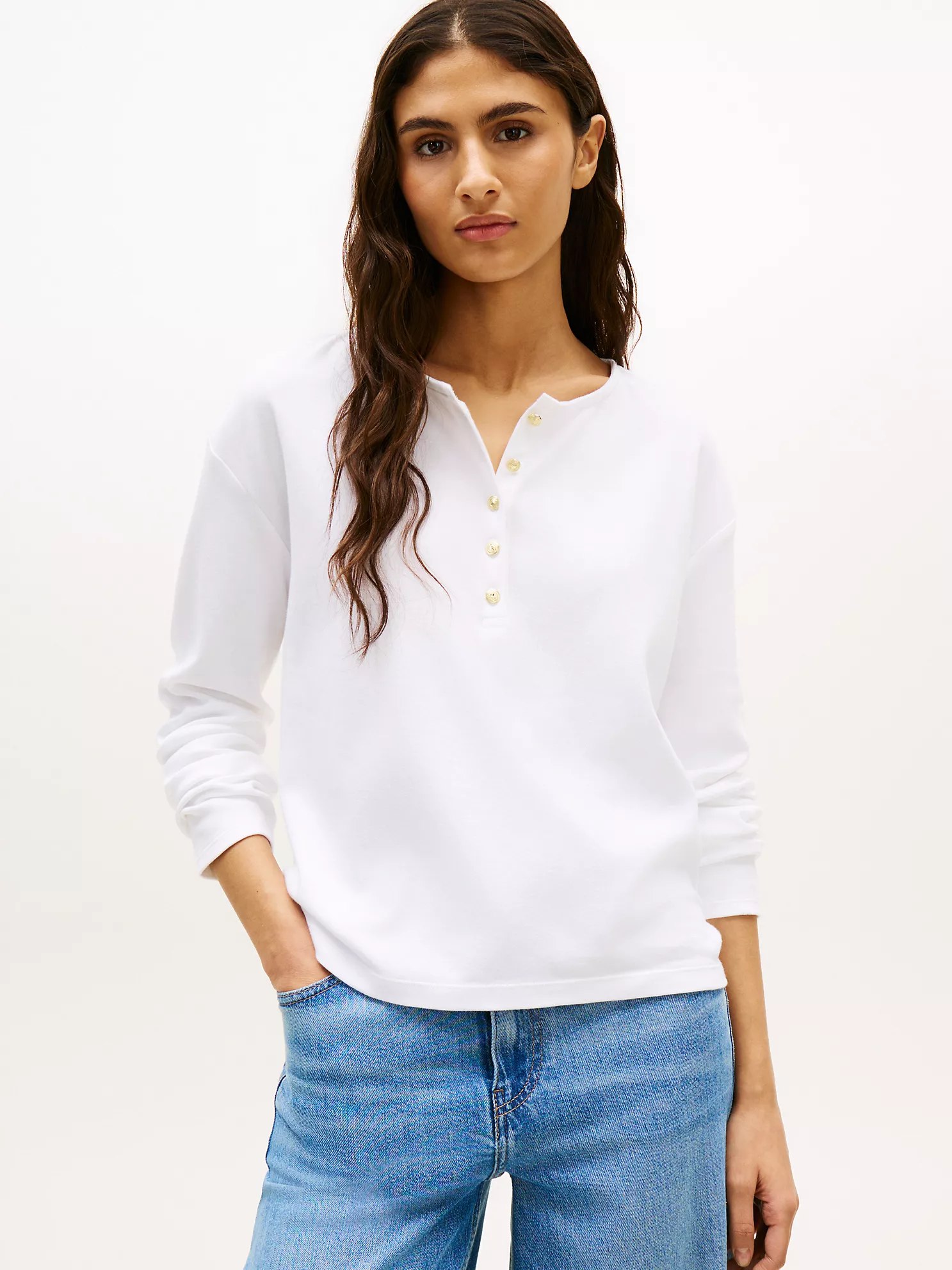 Relaxed Fit Cotton Interlock Henley-Optic White