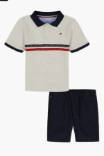Tommy Hilfiger Stripe Polo & Chino Shorts Set-Heather Grey