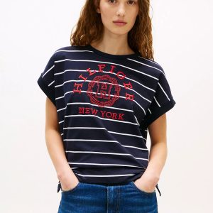 Arch Logo Stripe Dolman Sleeve T-Shirt-Navy