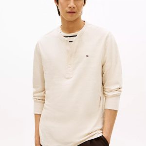 Long-Sleeve Henley T-Shirt-Beige
