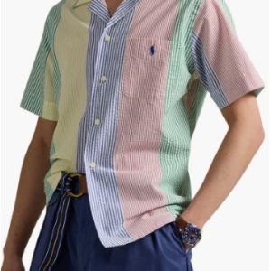 Clady Stripe Cotton Seersucker Camp Shirt-Yellow Multi Stripe