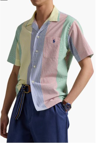 Clady Stripe Cotton Seersucker Camp Shirt-Yellow Multi Stripe