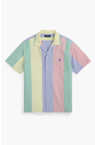 Clady Stripe Cotton Seersucker Camp Shirt-Yellow Multi Stripe - Image 3