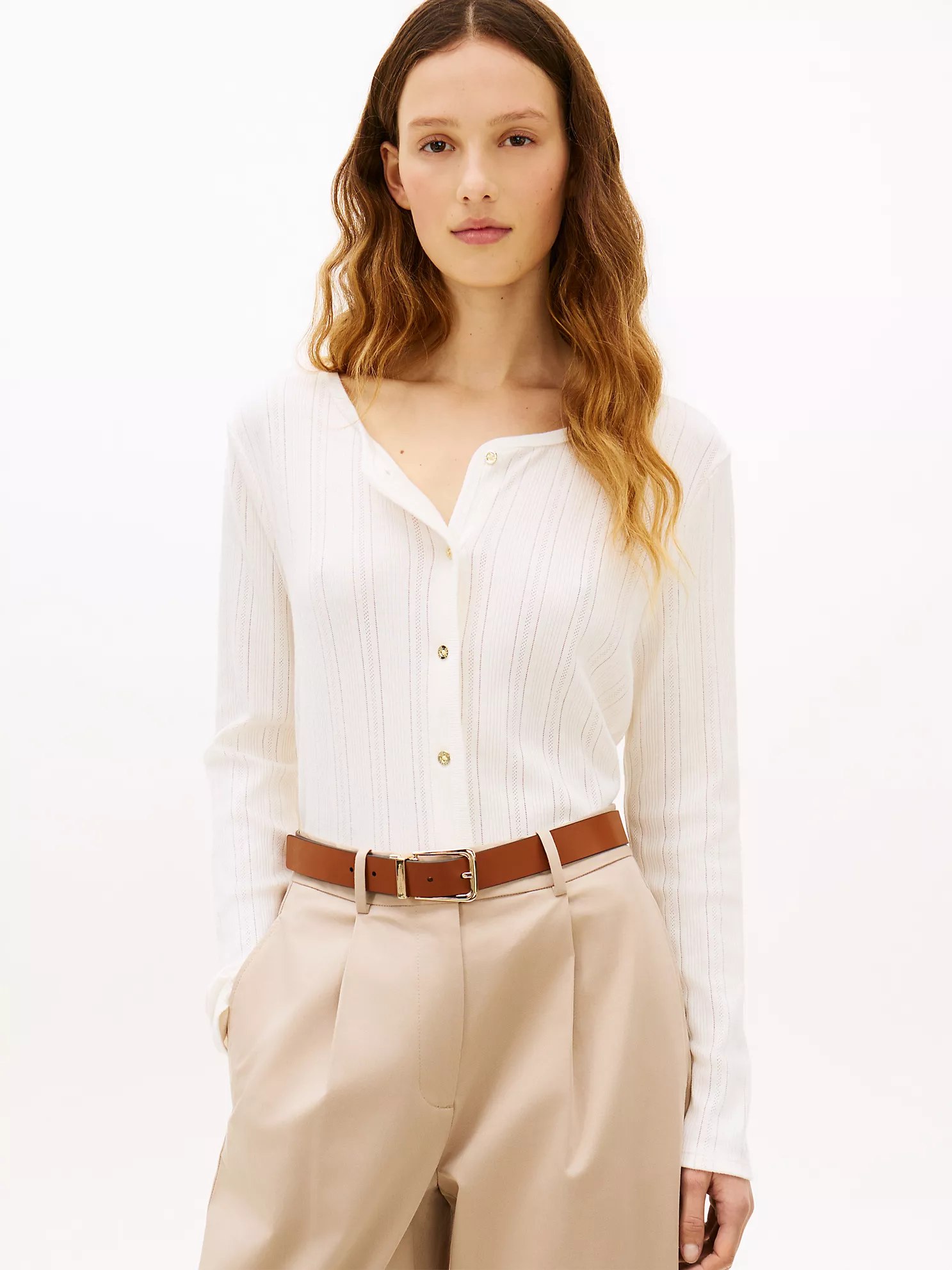 Pointelle Cardigan T-Shirt-Ivory Silk