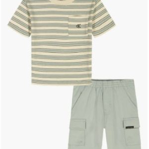 Kids' Pocket T-Shirt & Shorts Set-Green/ Beige