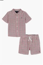Short Sleeve Button-Up Shirt & Shorts Set-Red