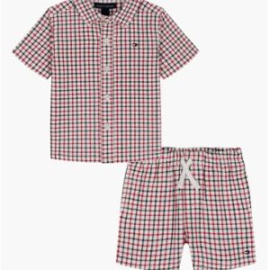 Short Sleeve Button-Up Shirt & Shorts Set-Red