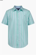 Tommy Hilfiger Kids' Candy Stripe Short Sleeve Button-Up Shirt-Amazonite
