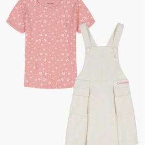 Kids' Floral Rib T-Shirt & Skirtall Set-Coral