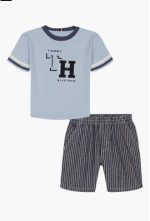 Initial Embroidered T-Shirt & Shorts Set-Blue