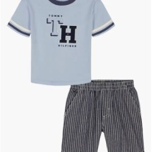 Initial Embroidered T-Shirt & Shorts Set-Blue