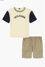 Logo Graphic T-Shirt & Cargo Shorts Set-Beige