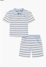 Stripe Polo & Shorts Set-Blue/ White
