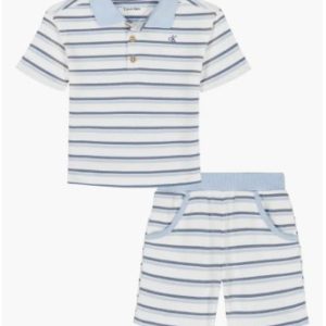 Stripe Polo & Shorts Set-Blue/ White