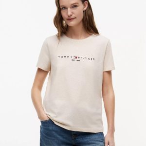 Embroidered Tommy Logo T-Shirt-Beige Heather