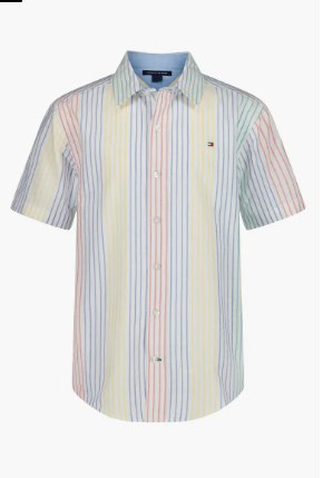 Kids' Rainbow Stripe Short Sleeve Button-Up Shirt-Strong Blue