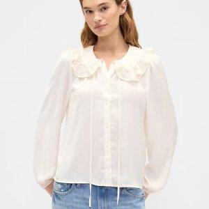 Relaxed Satin Ruffle Top-Ivory Cream Frost