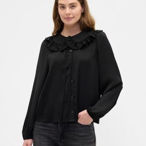 Relaxed Satin Ruffle Top-Black