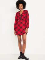 Fit & Flare Long-Sleeve Crepe Mini Dress-Red Plaid