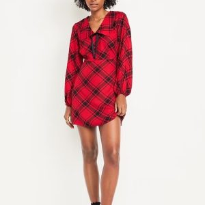 Fit & Flare Long-Sleeve Crepe Mini Dress-Red Plaid