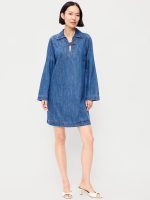 Long-Sleeve Popover Jean Mini Dress-Medium Wash