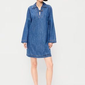 Long-Sleeve Popover Jean Mini Dress-Medium Wash
