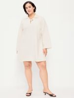 Long-Sleeve Popover Jean Mini Dress-Ecru
