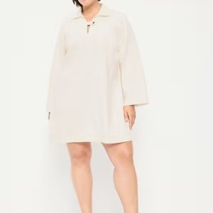 Long-Sleeve Popover Jean Mini Dress-Ecru