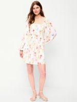 Long-Sleeve Crepe Mini Dress-White Floral