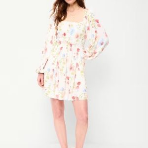 Long-Sleeve Crepe Mini Dress-White Floral